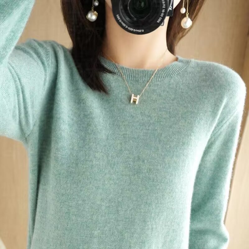 Round Neck Sweater Women'S Pullover Knitted Solid Color Long Sleeve Women'S Inner Warm Solid Color Base Shirt - Image 3